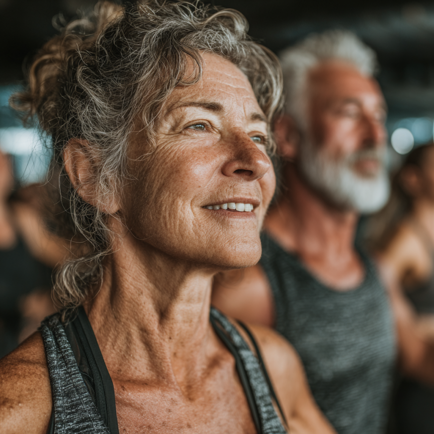 Літня жінка займається йогою